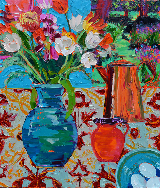 Copper pot with mixed tulips   by Lucy Doyle